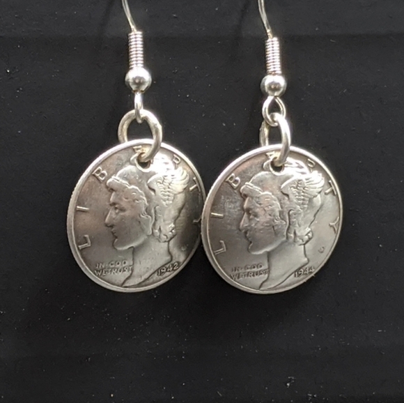 Vintage Silver Mercury Dime Drop Hook Earrings Flat or Domed & Polished - Picture 2 of 5